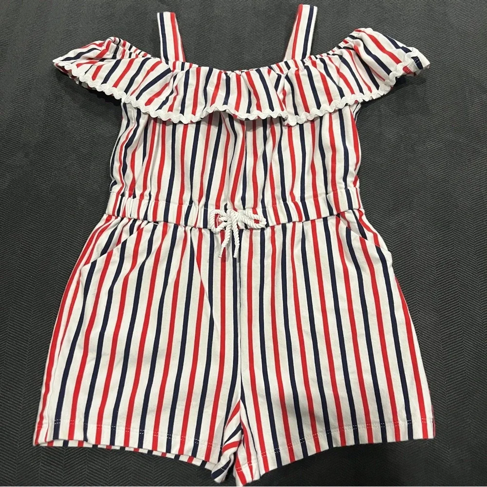 Janie and Jack Red, Navy & White Striped Ruffle Romper